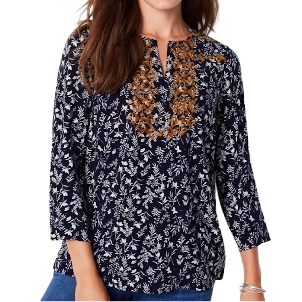 J. Jill Embroidered Navy Floral Print Top, size L